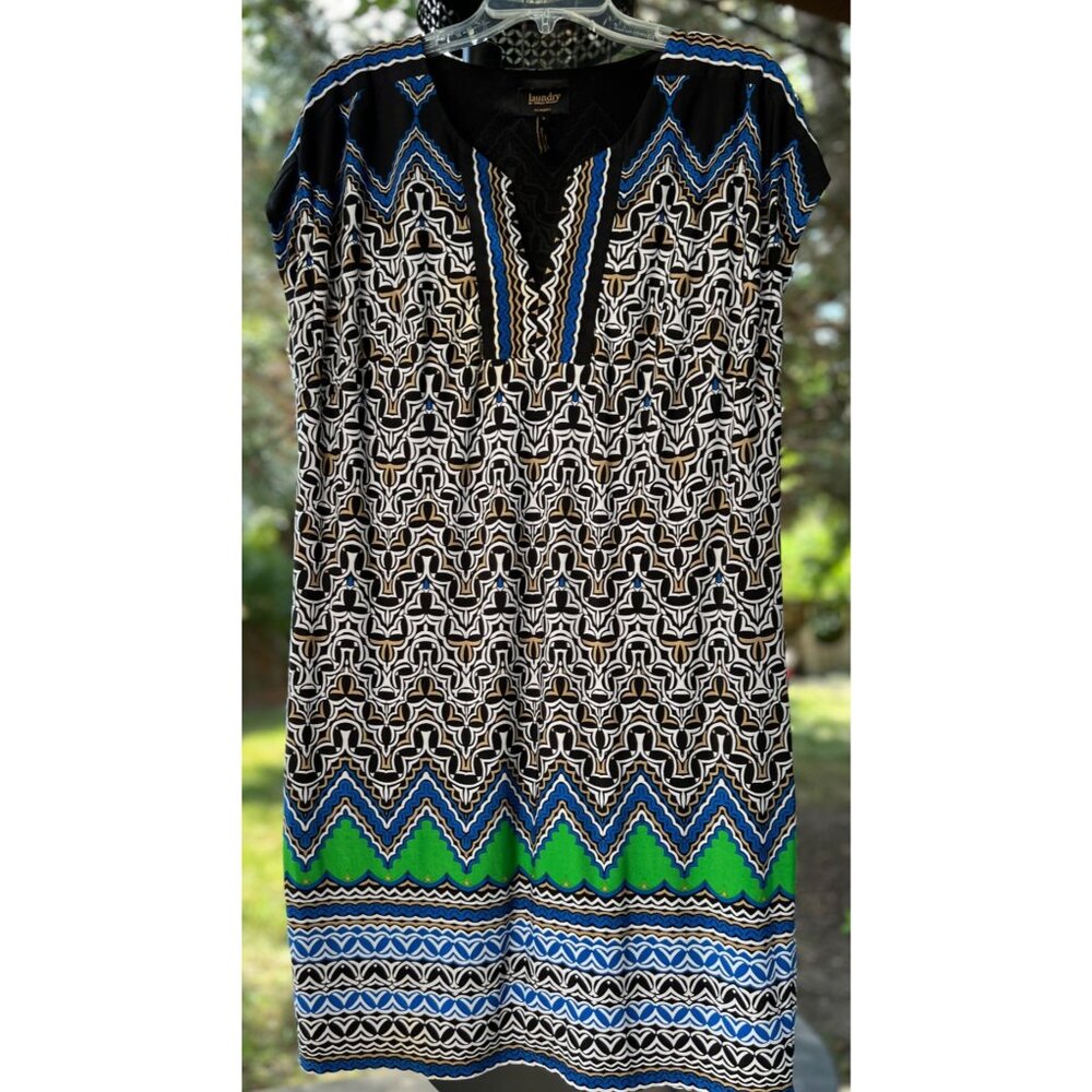Laundry By Shelli Segal L Tunic Shift Dress Drop Waist Stretch Lined Black Blue